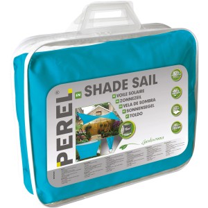 Verpacktes blaues Perel Viereck-Sonnensegel, 360x360 cm, mit UV-Schutz und wasserabweisend.