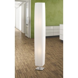 Weiße Globo Plisseeleuchte mit Chromfuß, Design-Stehlampe für Wohnräume.