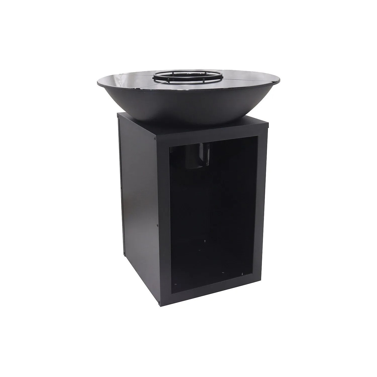 Schwarzer Vente-unique Grill Ignos 80 cm mit runder Feuerschale und quadratischem Unterbau mit Stauraum.