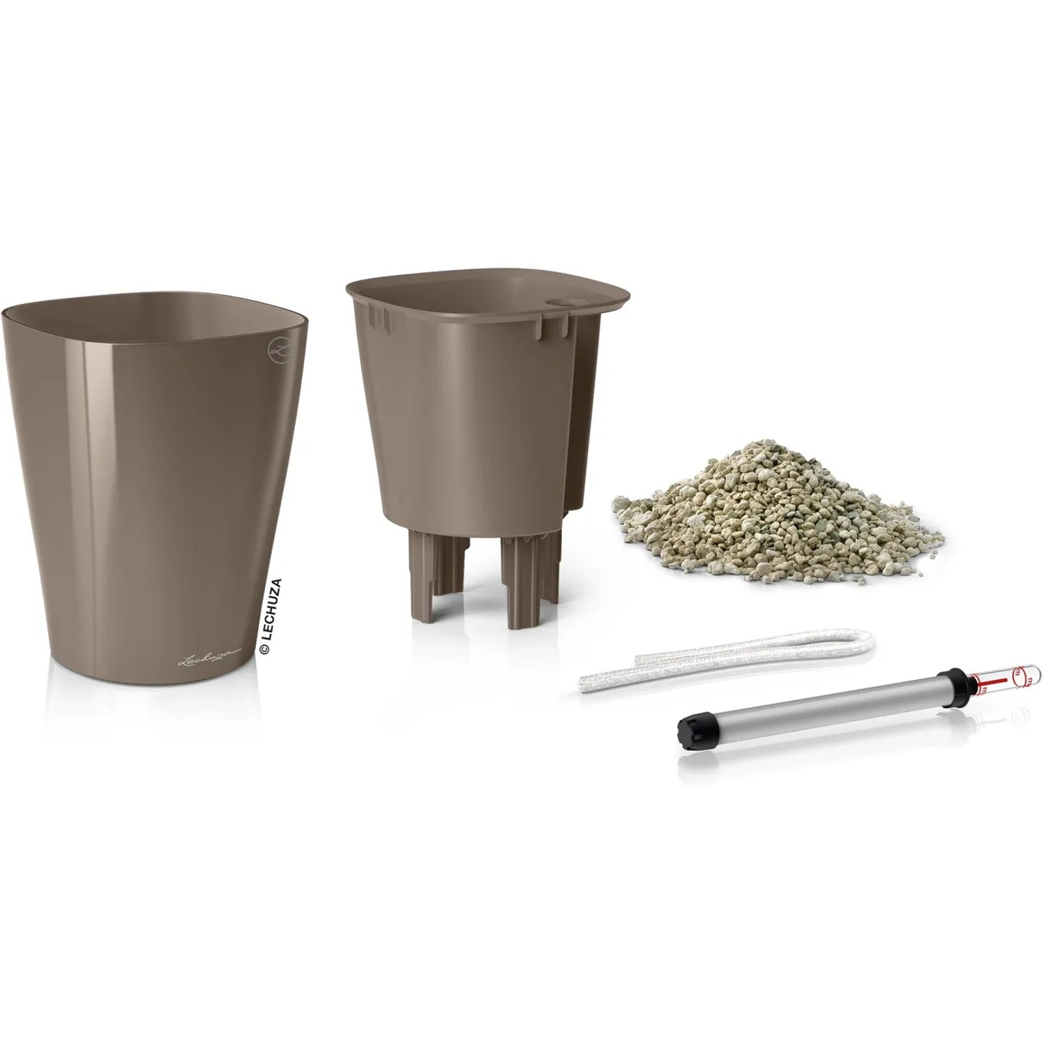 Lechuza Mini-Deltini Pflanzgefäß, taupe, hochglänzend, Ø 10 cm, mit Bewässerungssystem und Zubehör.