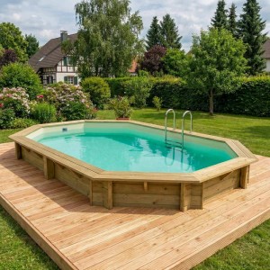 Holzpool Nemo, sandfarbene Poolfolie, Leiter und Holzterrasse im Garten.