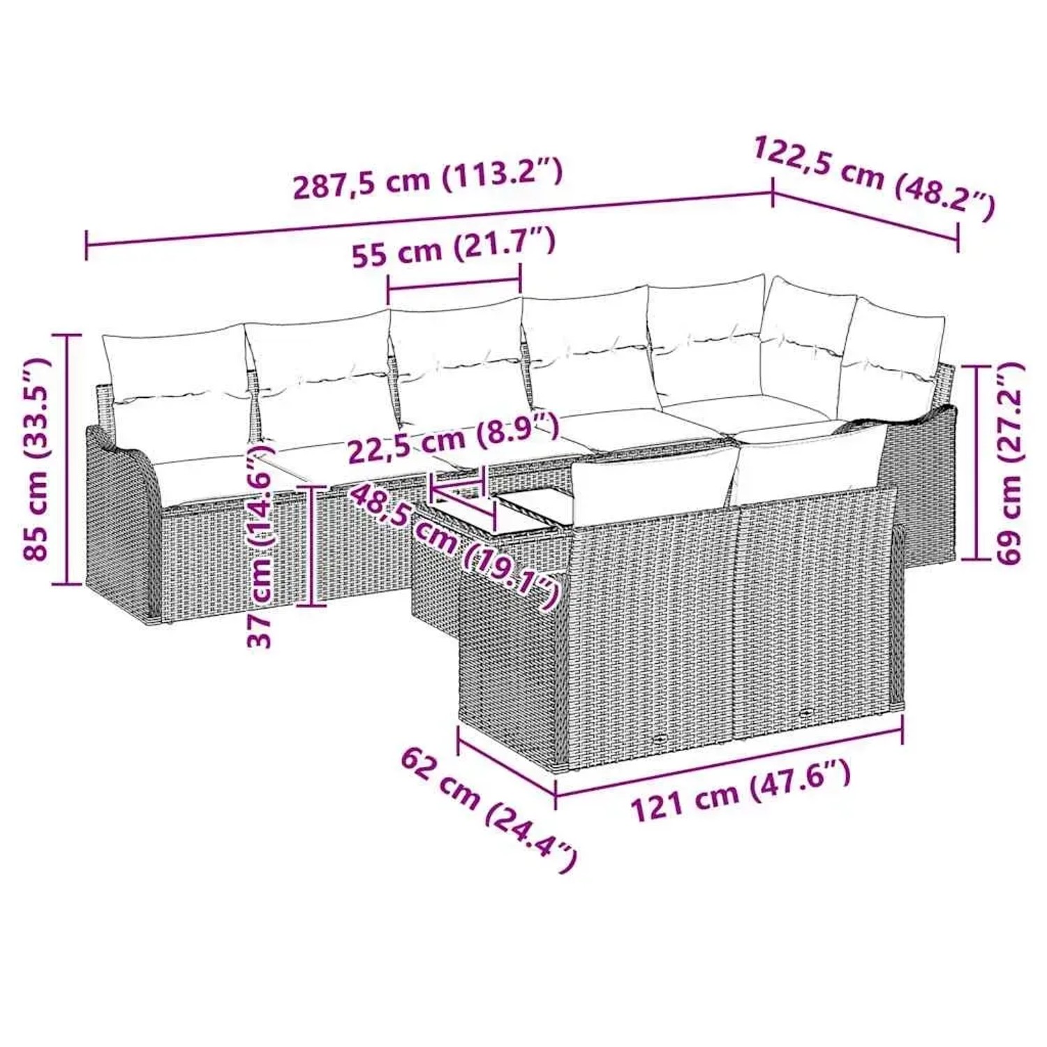 vidaXL Gartenmöbel-Set, 9-teilig, schwarzes Poly Rattan Sofa-Set mit Tisch und Kissen, Maße siehe Abbildung.