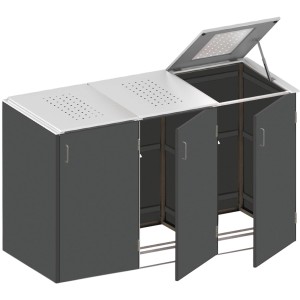 Mülltonnenbox System Binto HPL Schiefer 3er mit Edelstahl-Deckel, teilgeöffnet.