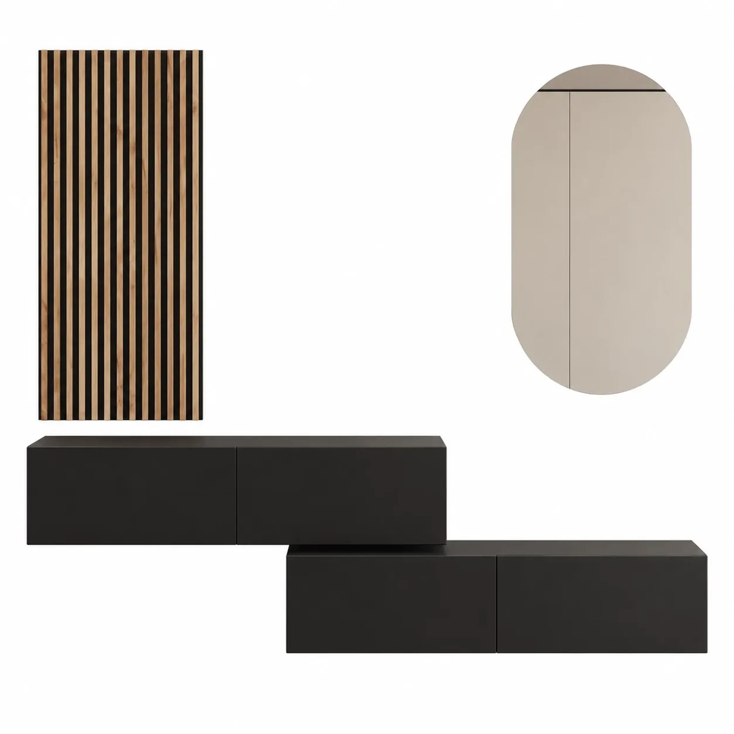 Planetmöbel Flurgarderobe Set 2 x 140 cm Schwarz mit Wandpaneel und Spiegel ohne LED Beleuchtung