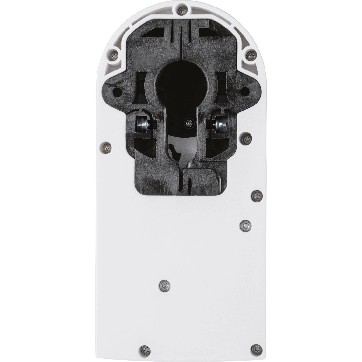 Homematic IP Türschlossantrieb, Rückseite mit schwarzem Montagesystem und Schraublöchern für einfache Installation.
