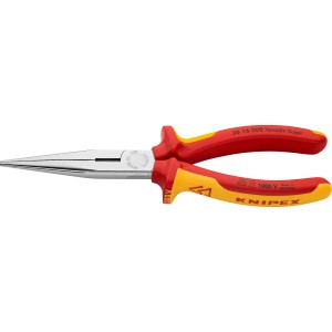 Knipex Flachrundzange, verchromt, 200mm, VDE-geprüft, mit rot-gelben Griffen.