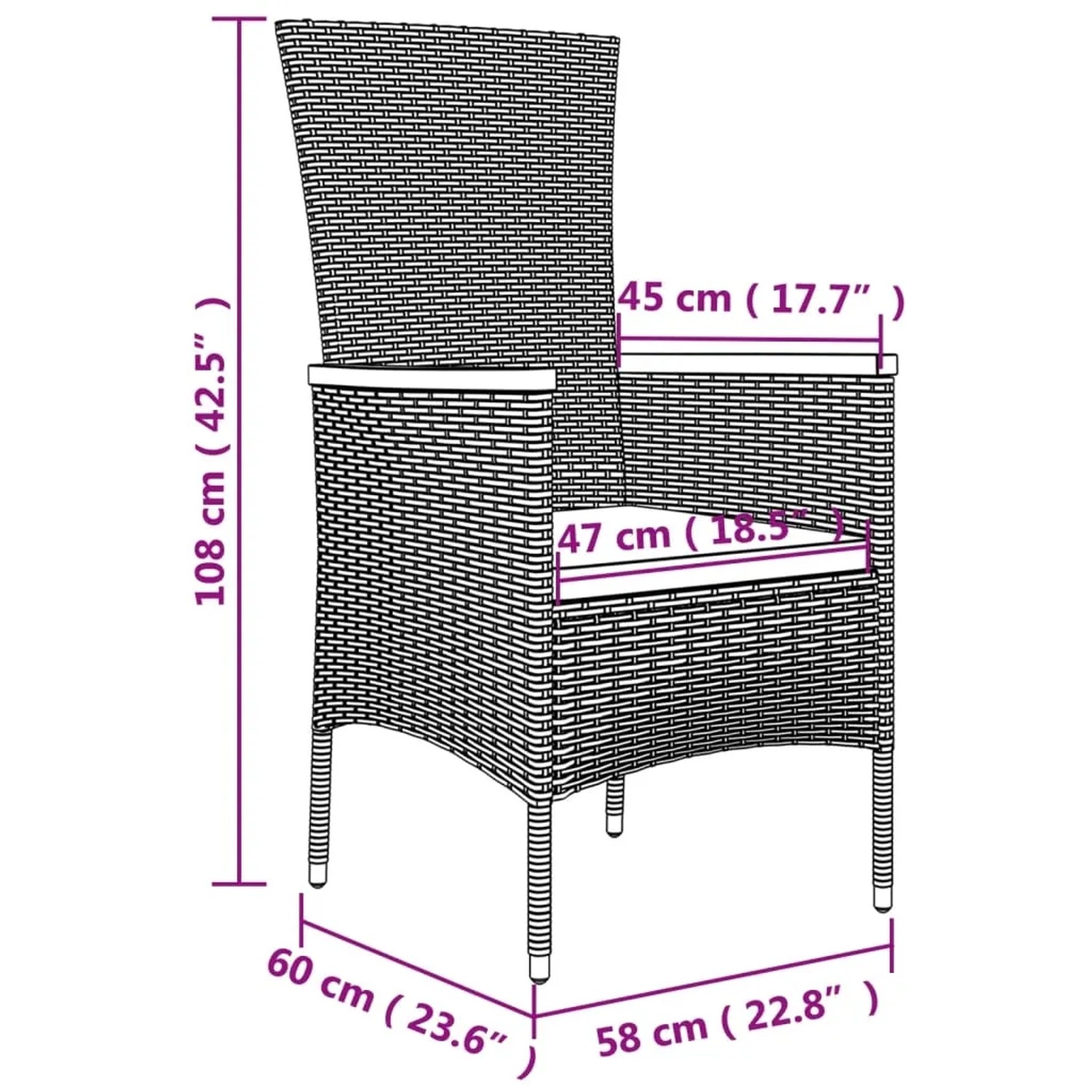 Grauer vidaXL Gartenstuhl aus Rattan mit Kissen, Teil der 11-tlg. Essgruppe, Maße eingezeichnet.