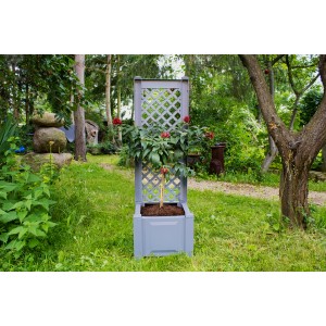 Grauer KHW Pflanzkasten klein mit Spalier und Bepflanzung im Garten.