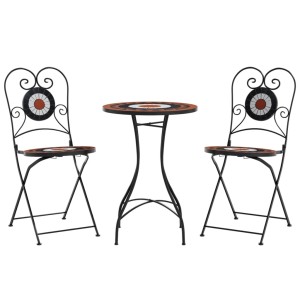 vidaXL Mosaik Bistro Set, terrakotta-rot/weiß, Eisen/Keramik. Gartenmöbel mit Tisch und 2 Stühlen.
