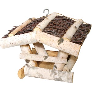 Vogelfutterhaus aus Birke mit Strohdach, 19x24 cm, mit Haken zum Aufhängen.