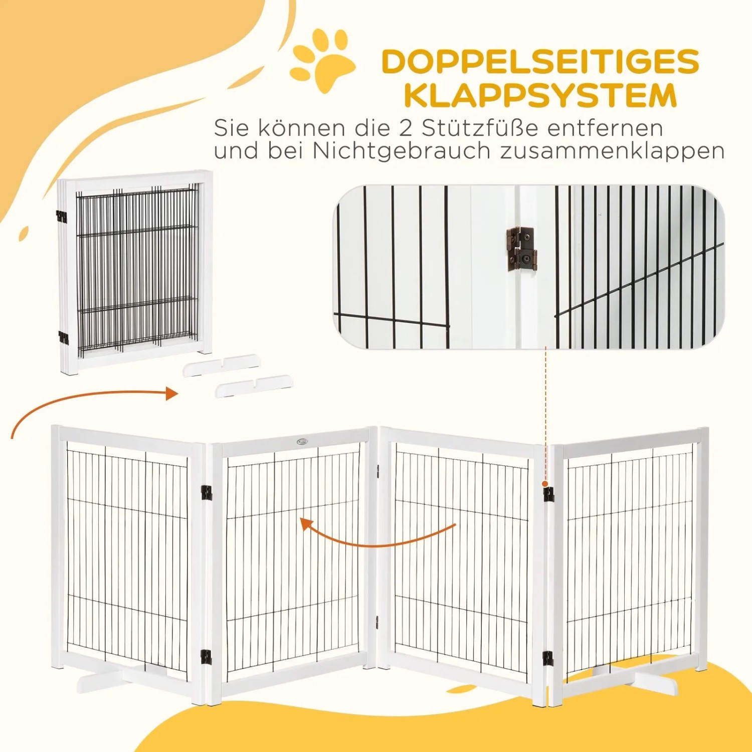 Weißes PawHut Türschutzgitter für Hunde, 4-teilig, faltbar, mit schwarzen Gitterstäben und abnehmbaren Stützfüßen.
