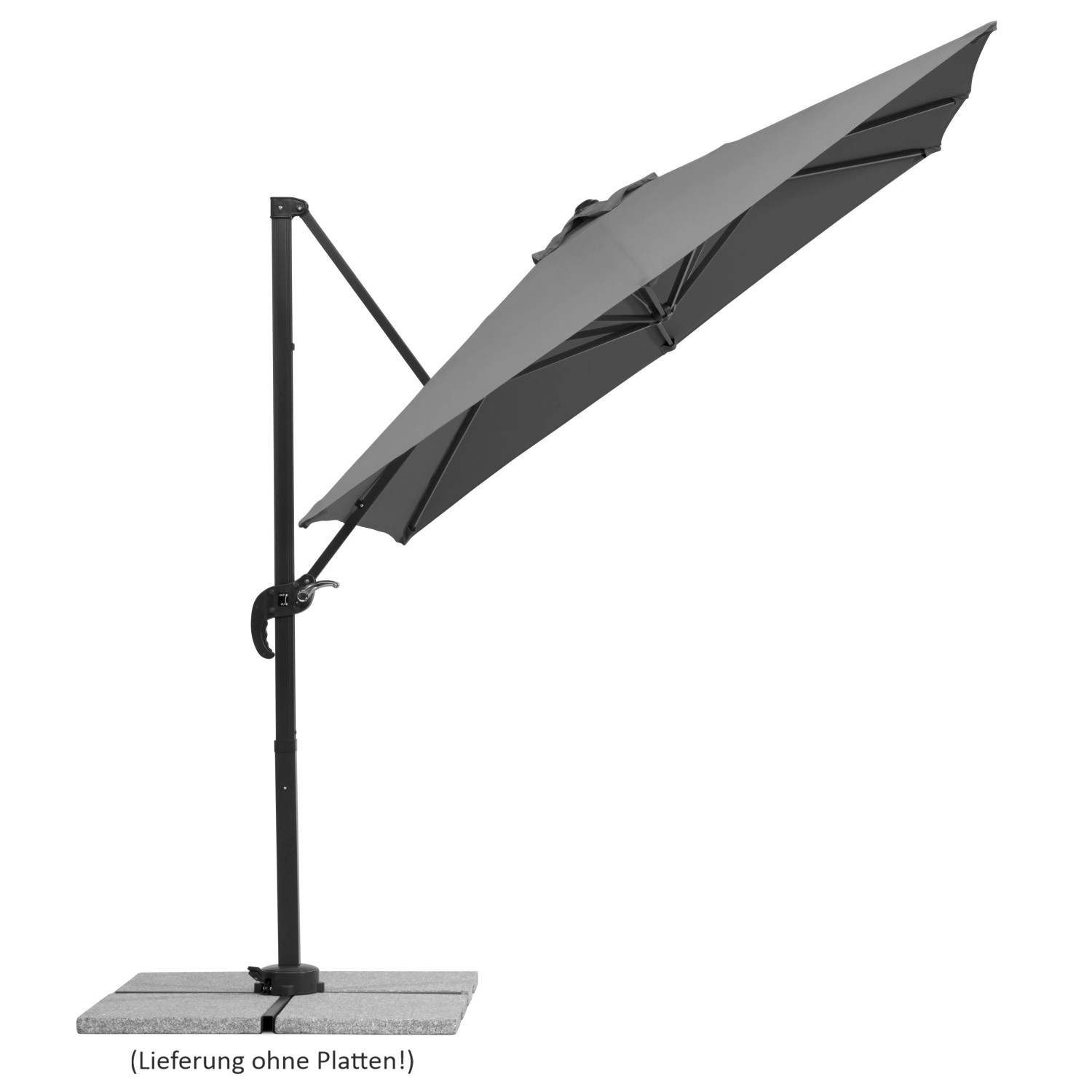 Anthrazitfarbener Schneider Ampelschirm 300x230 cm mit Kurbel und Neigungsfunktion.