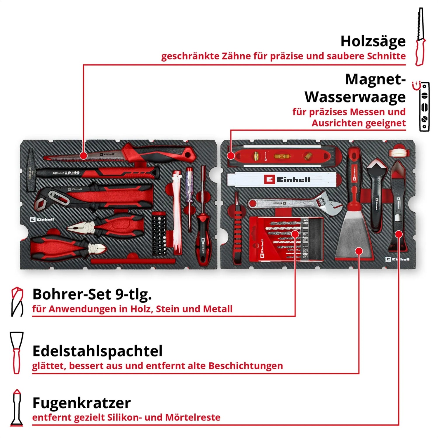 Einhell Werkzeugkoffer Renovierung E-Case, 78-teiliges Werkzeug-Set mit Bohrern, Zangen, Hammer, Wasserwaage u.a.