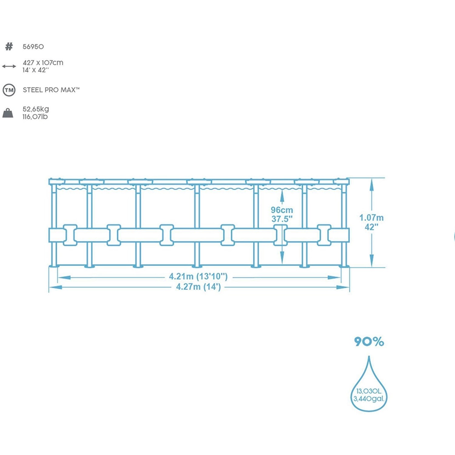 Technische Zeichnung Bestway Stahlrahmenpool Steel Pro Max, Ø 427x107 cm, Abmessungen und Füllmenge.