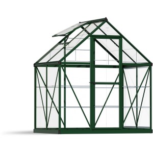 Grünes Palram - Canopia Gewächshaus 2,3 m² mit Fundamentrahmen, Tür offen.