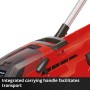 Detailaufnahme: Roter Einhell Akku-Rasenmäher GP-CM 36/450 mit Tragegriff.