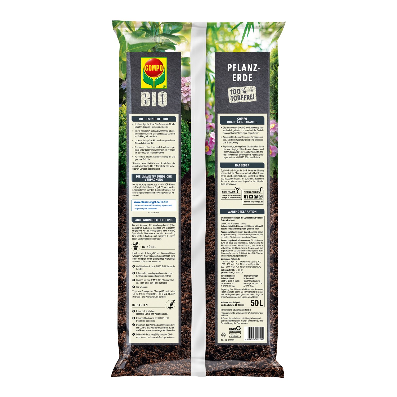 Sack Compo Bio Pflanzerde, torffrei, 50 l. Kultursubstrat für Garten- und Zierpflanzen.