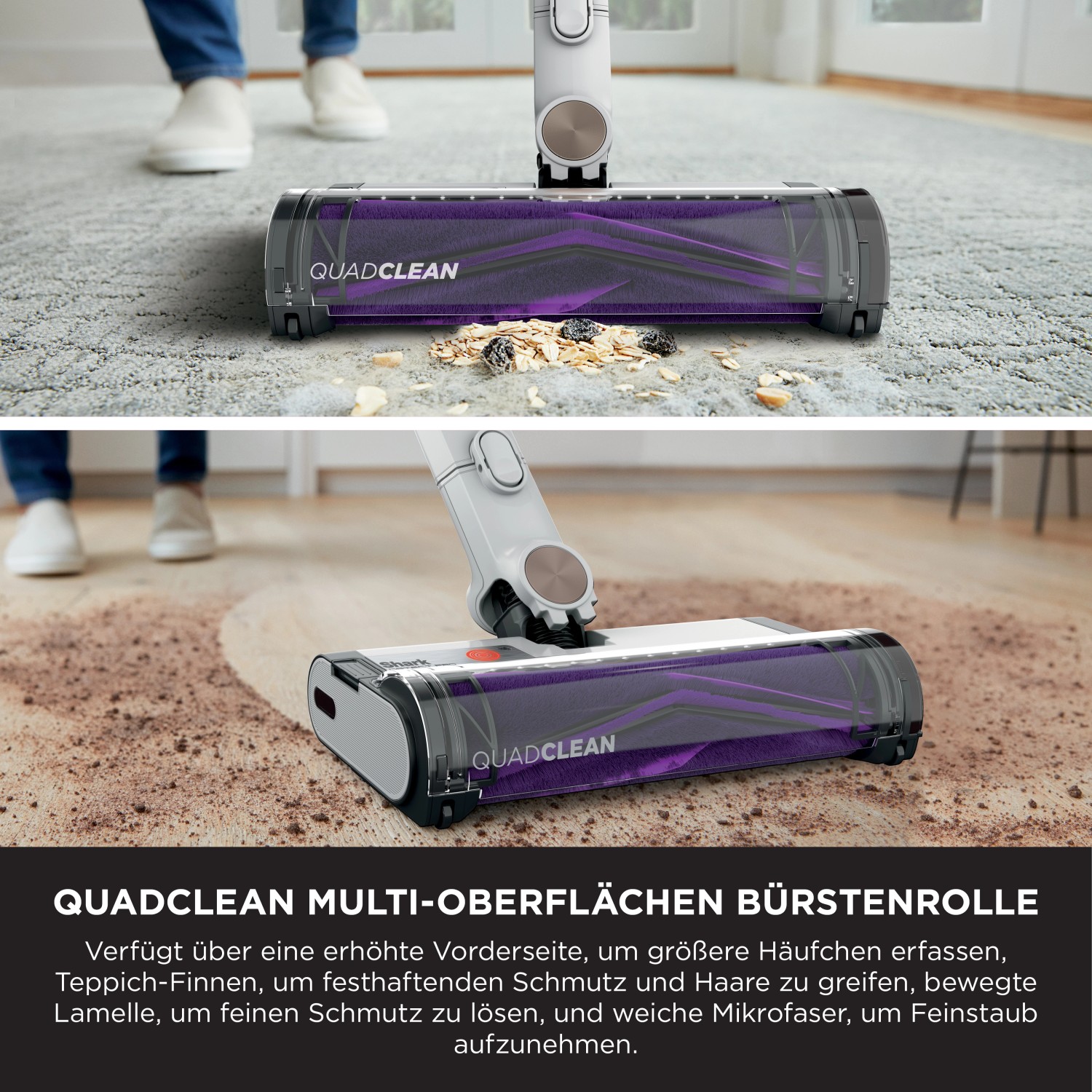 Detailaufnahme: Shark Akkusauger Detect Pro mit QuadClean Bürstenrolle bei der Reinigung von Teppich und Hartboden.