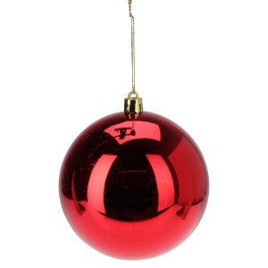 Rote, glänzende Weihnachtskugel aus Kunststoff, 12 cm, mit goldenem Aufhänger. Ideal als Christbaumschmuck.