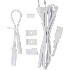 Zubehör für LED-Küchenschrankleuchte: Kabel, Stecker, Verbinder und Halterungen.