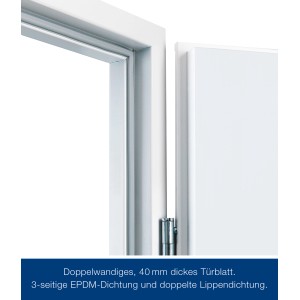 Detailaufnahme der weißen KSI 40 Sicherheitstür (875x2000x80 mm) mit Rahmen und Scharnier.