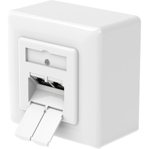 Weiße Hama Netzwerkdose CAT-6a für 10 Gbit/s, Aufputzgehäuse mit RJ45 Anschluss.