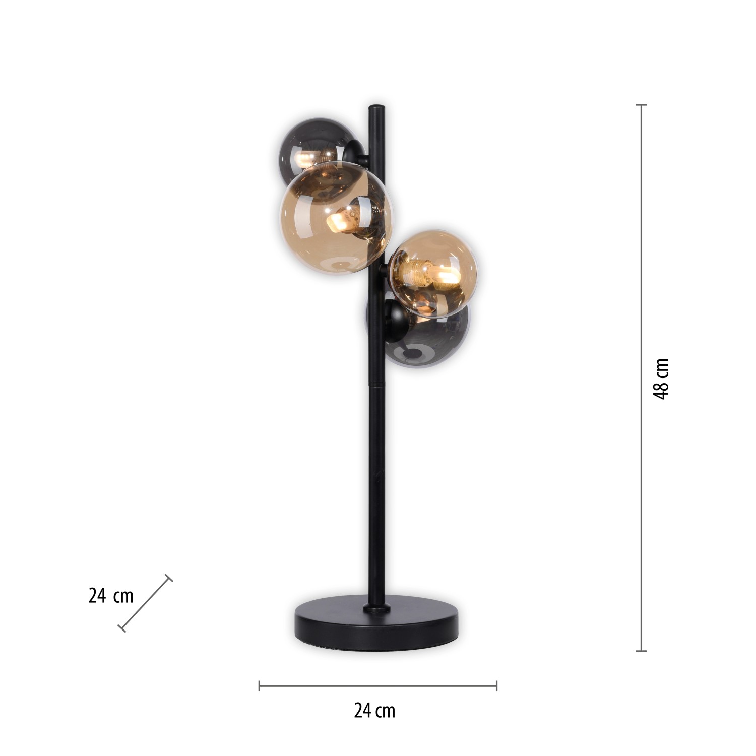 Schwarze Paul Neuhaus Tischleuchte Popsicle mit vier Amber- und Rauchglas-Kugeln.