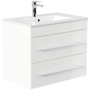 Posseik Badmöbel Set Artemis 750, weiß hochglanz mit Waschbecken und zwei Schubladen.