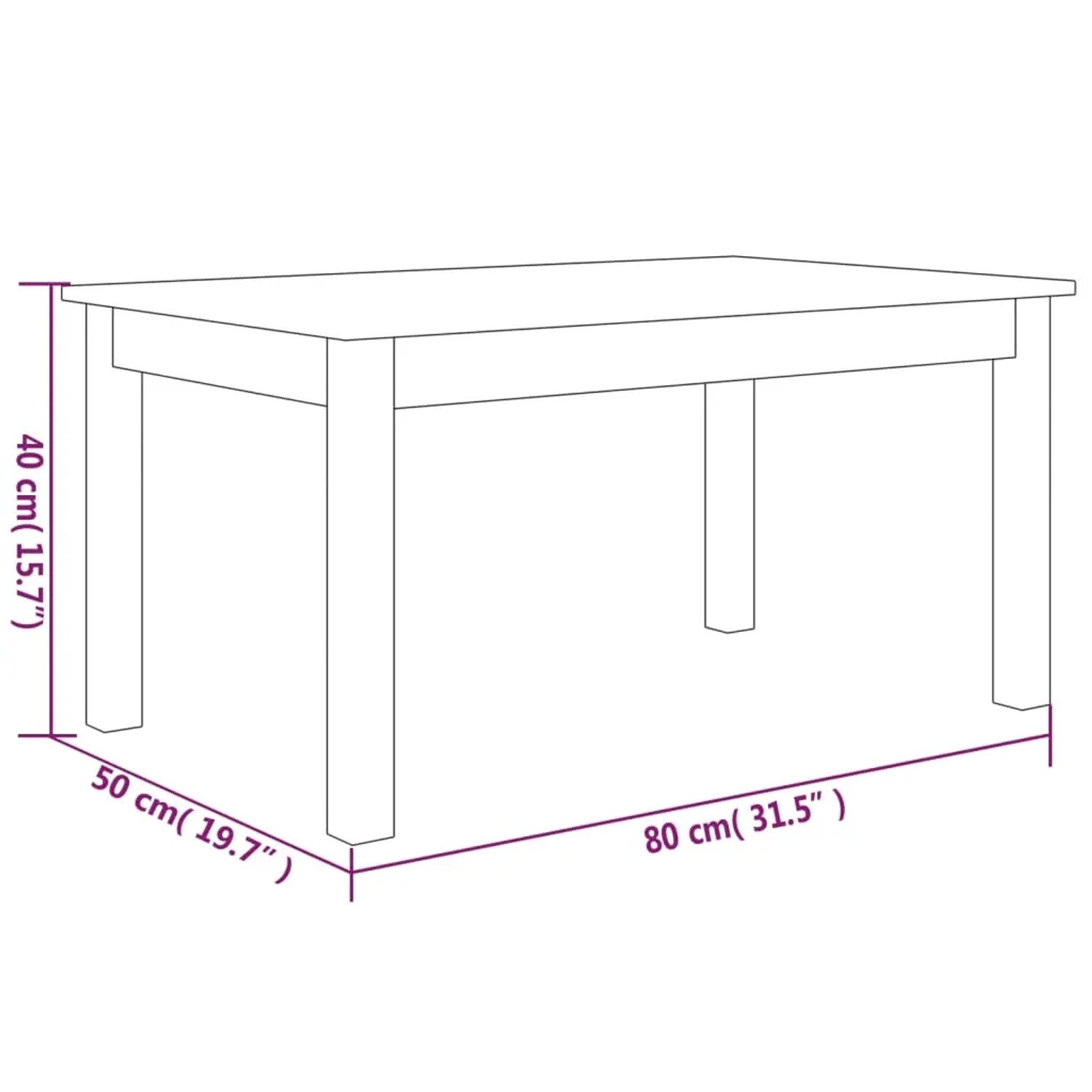 Weißer Couchtisch (80x50x40 cm) aus Kiefernholz für das Wohnzimmer.