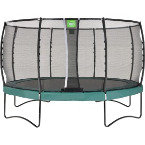 Grünes EXIT Allure Premium Trampolin Ø 427 cm mit Sicherheitsnetz für den Garten.