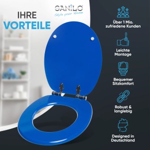 Blauer Sanilo WC-Sitz mit Absenkautomatik aus Holz, geöffnet.