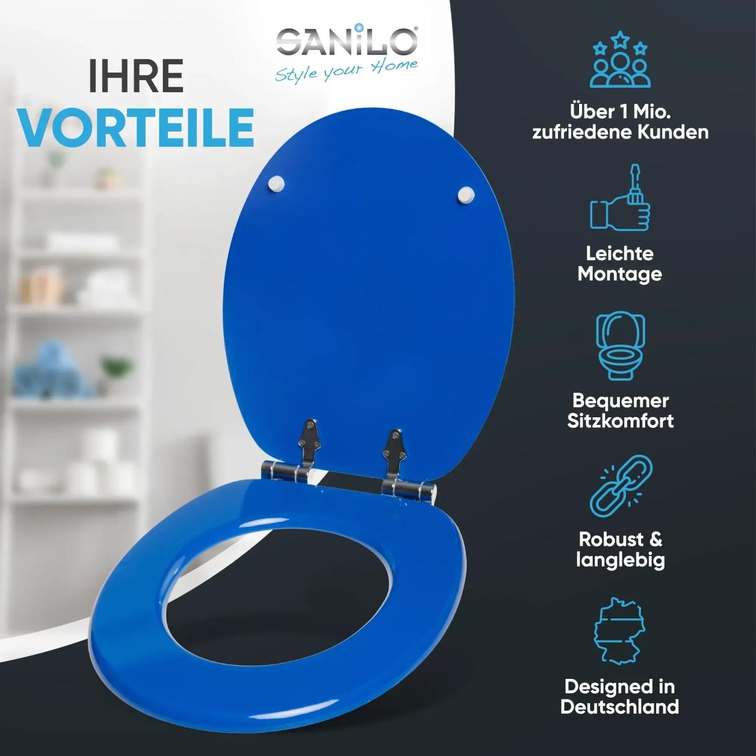 Blauer Sanilo WC-Sitz mit Absenkautomatik aus Holz, geöffnet.