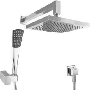 Eckiges PaulGurkes Duschsystem mit Regendusche, Kopf- und Handbrause, sowie Metallschlauch.