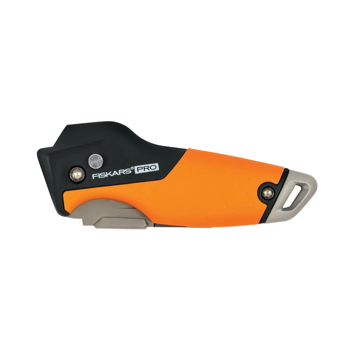 Geschlossenes Fiskars Universal-Klappmesser CarbonMax mit orangefarbenem Griff und schwarzem Gehäuse.