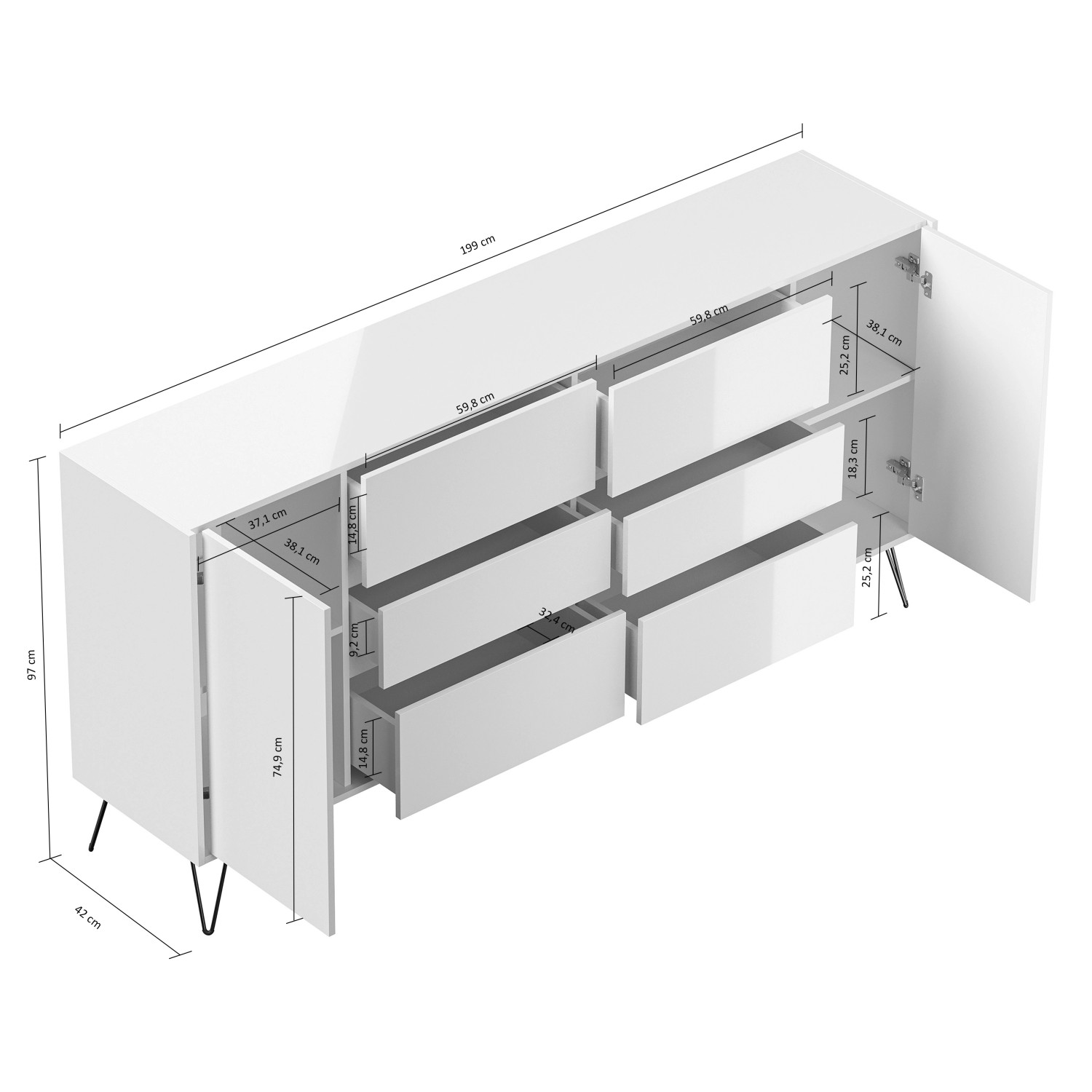 Weißes Posseik Sideboard Industrial mit 6 Schubladen und 2 Türen, Maße eingezeichnet.