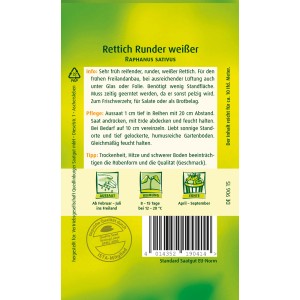 Samenpackung Quedlinburger Rettich 'Runder Weißer' für den Anbau im Garten.