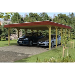 Skan Holz Doppelcarport Spreewald mit Walmdach und roter Blende für zwei Autos.