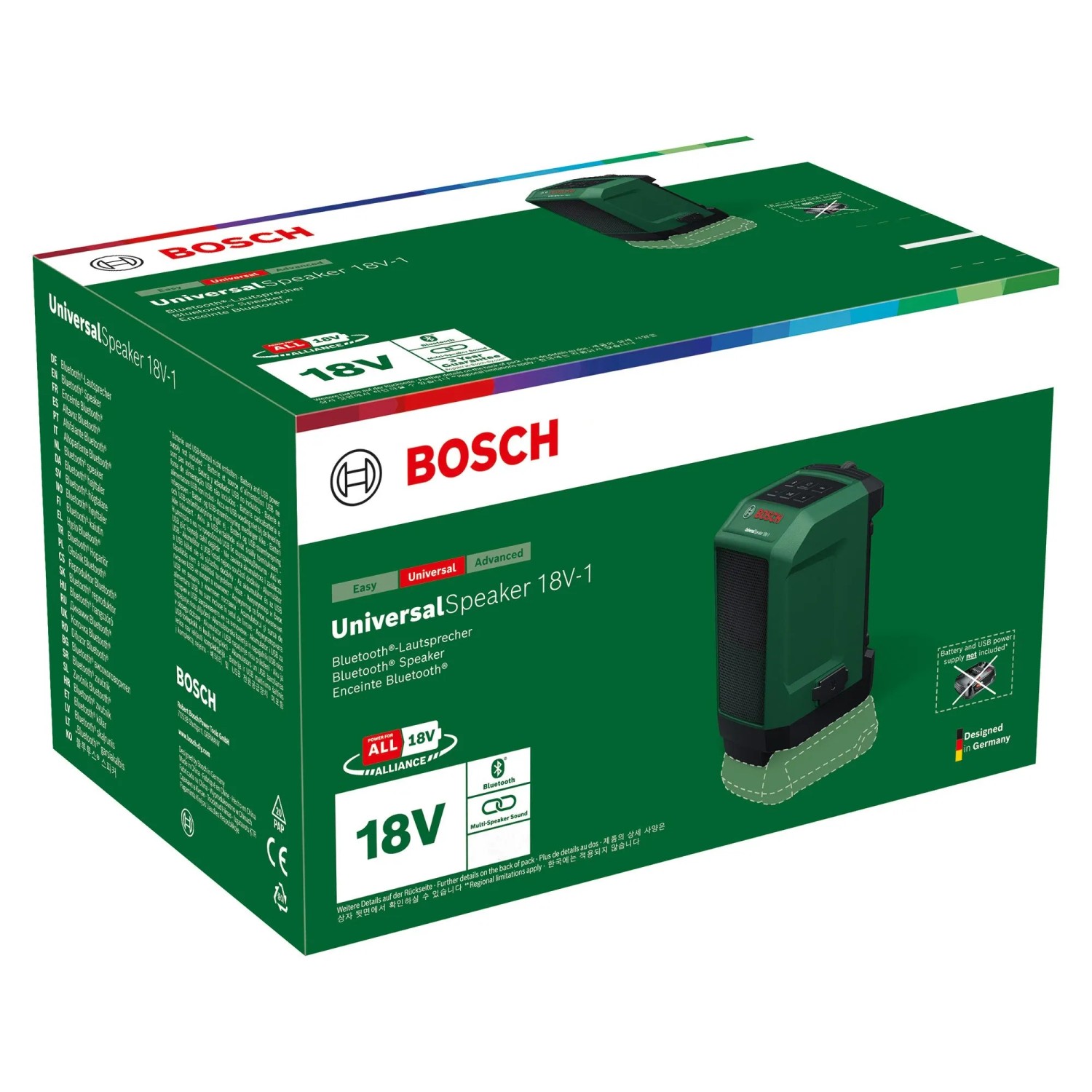 Bosch Akku-Bluetooth-Box UniversalSpeaker 18V-1 in grüner Produktverpackung. Robuster Bluetooth-Lautsprecher, 18V.