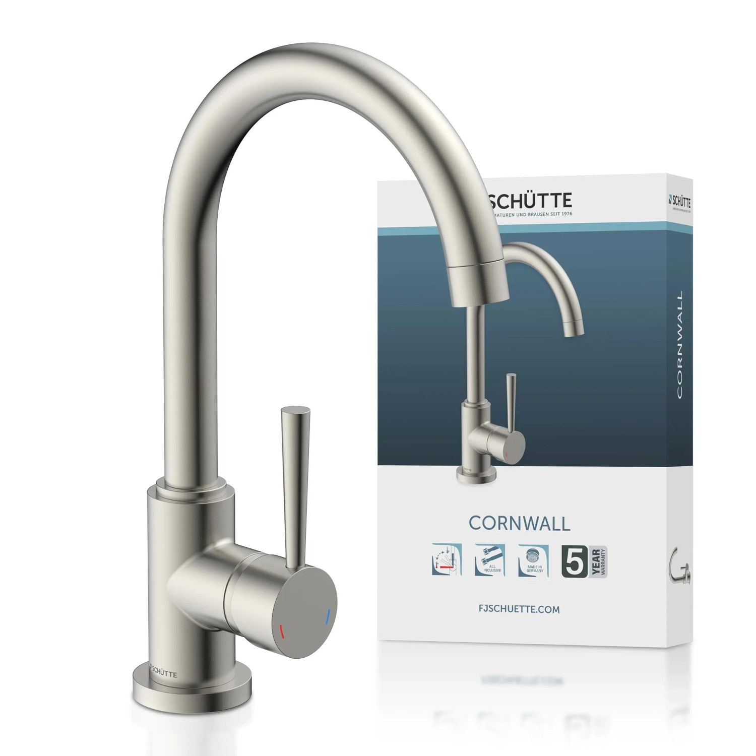 Schütte Design-Spültischarmatur Cornwall in Edelstahl-Optik mit hohem Auslauf.
