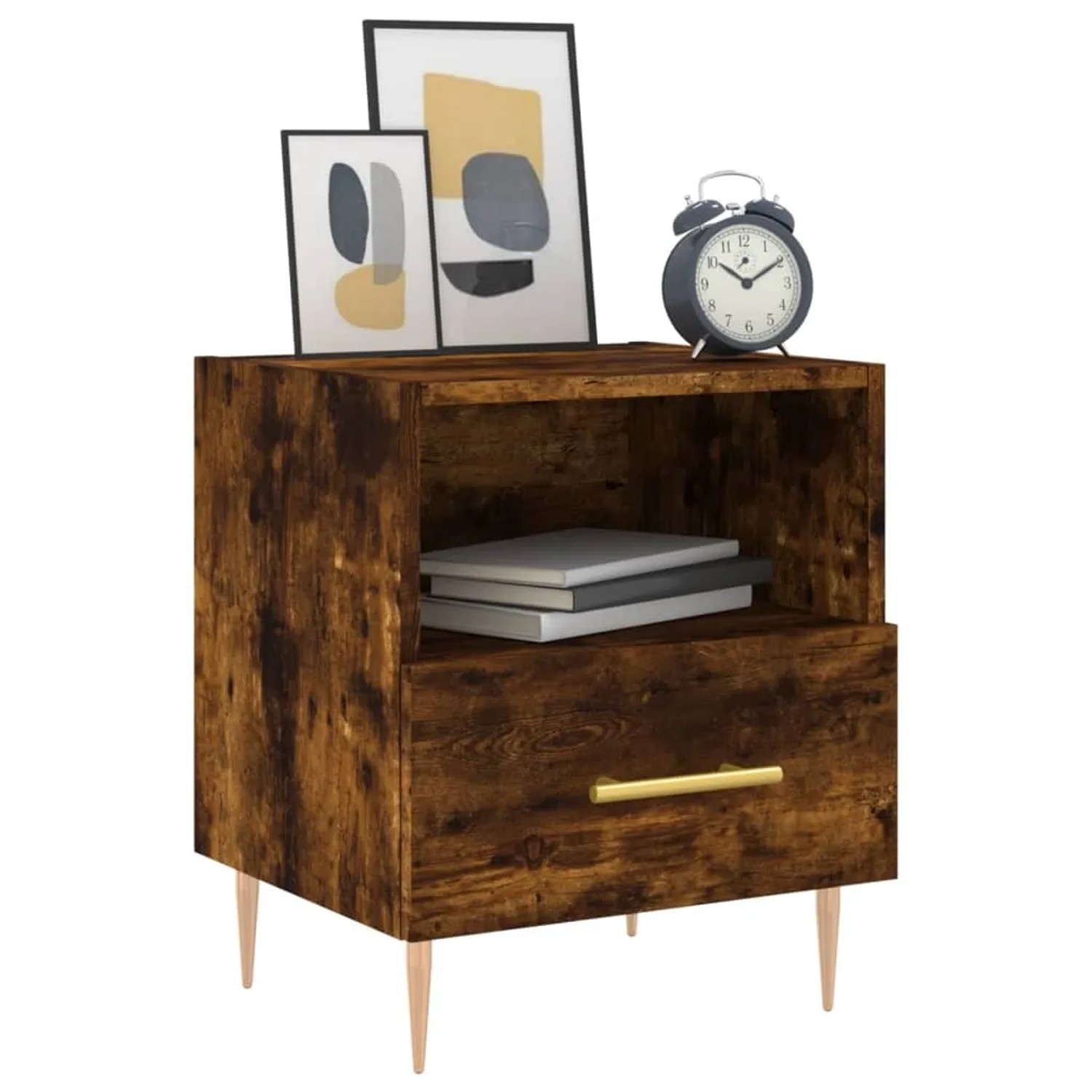 vidaXL Nachttisch Räuchereiche mit Schublade und Fach, Holzwerkstoff, 40x35x47,5 cm.