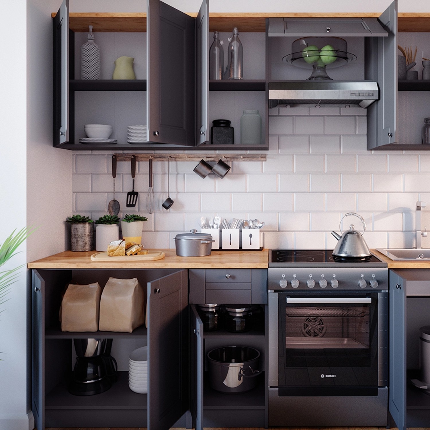 Graue Vicco Bergamo Küchenzeile (240 cm) mit Eiche Arbeitsplatte. Komplettküche mit viel Stauraum.