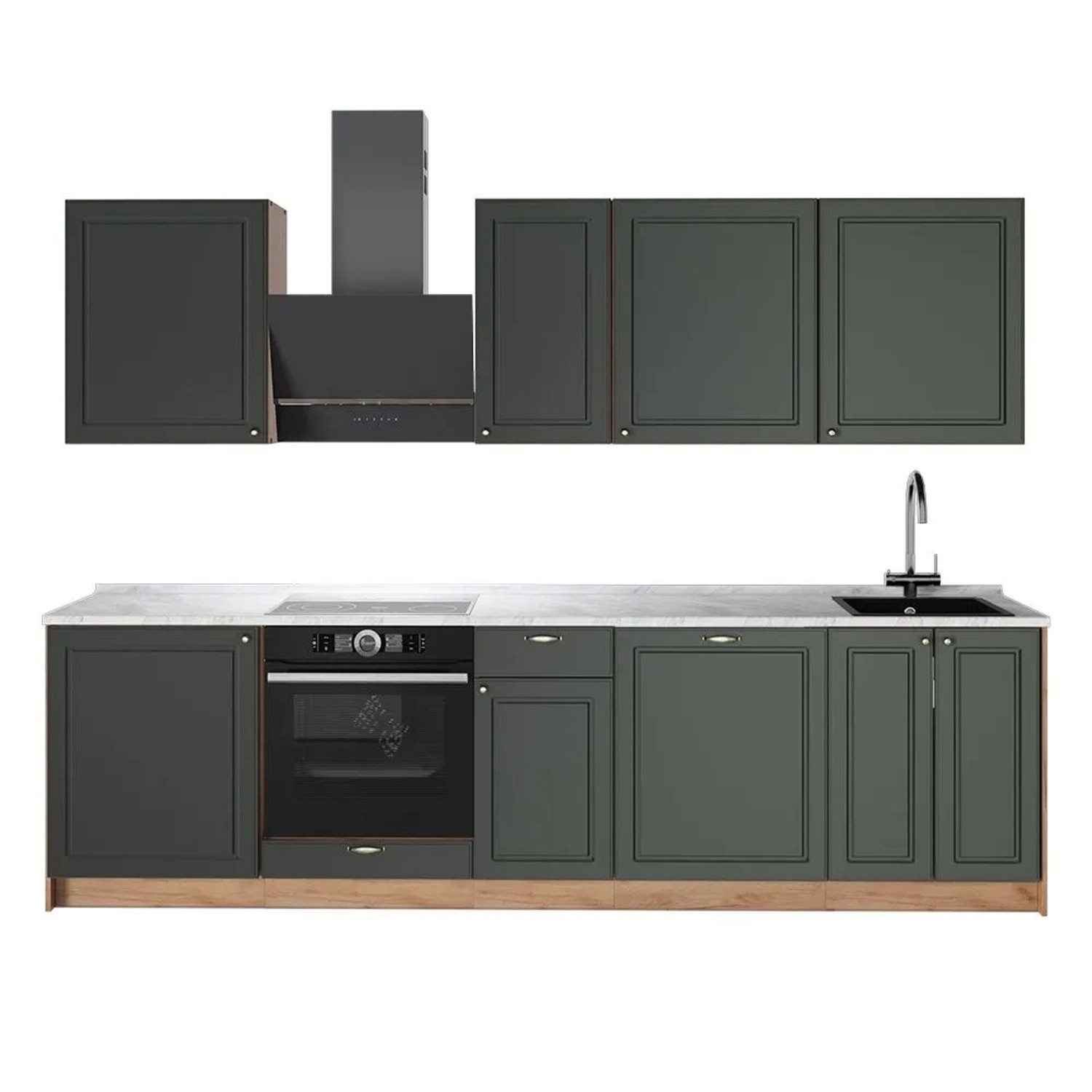Vicco Küchenzeile Fame-Line Grün-Gold Landhaus/Goldkraft Eiche 280 x 82 AP Marmor Art Nr 64202