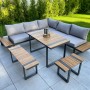 6-teilige Lounge-Eckgruppe Belmira in Grau-Braun mit Tisch und Bänken für Garten oder Terrasse.