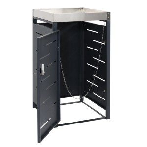 Anthrazitfarbene MCW Mülltonnenverkleidung H40b für eine 80/120L Tonne mit Kippvorrichtung und Pflanzkasten.