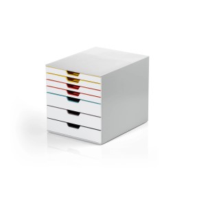 Durable Schubladenbox A4 Varicolor Mix mit 7 Fächern und Etiketten zur Beschriftung.