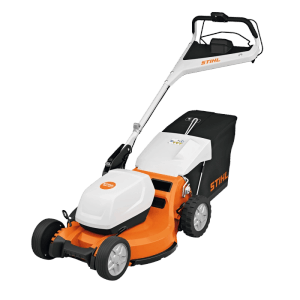 Stihl Akku-Rasenmäher RMA 756 V in Orange-Grau mit Mono-Komfortlenker und großem Grasfangkorb.