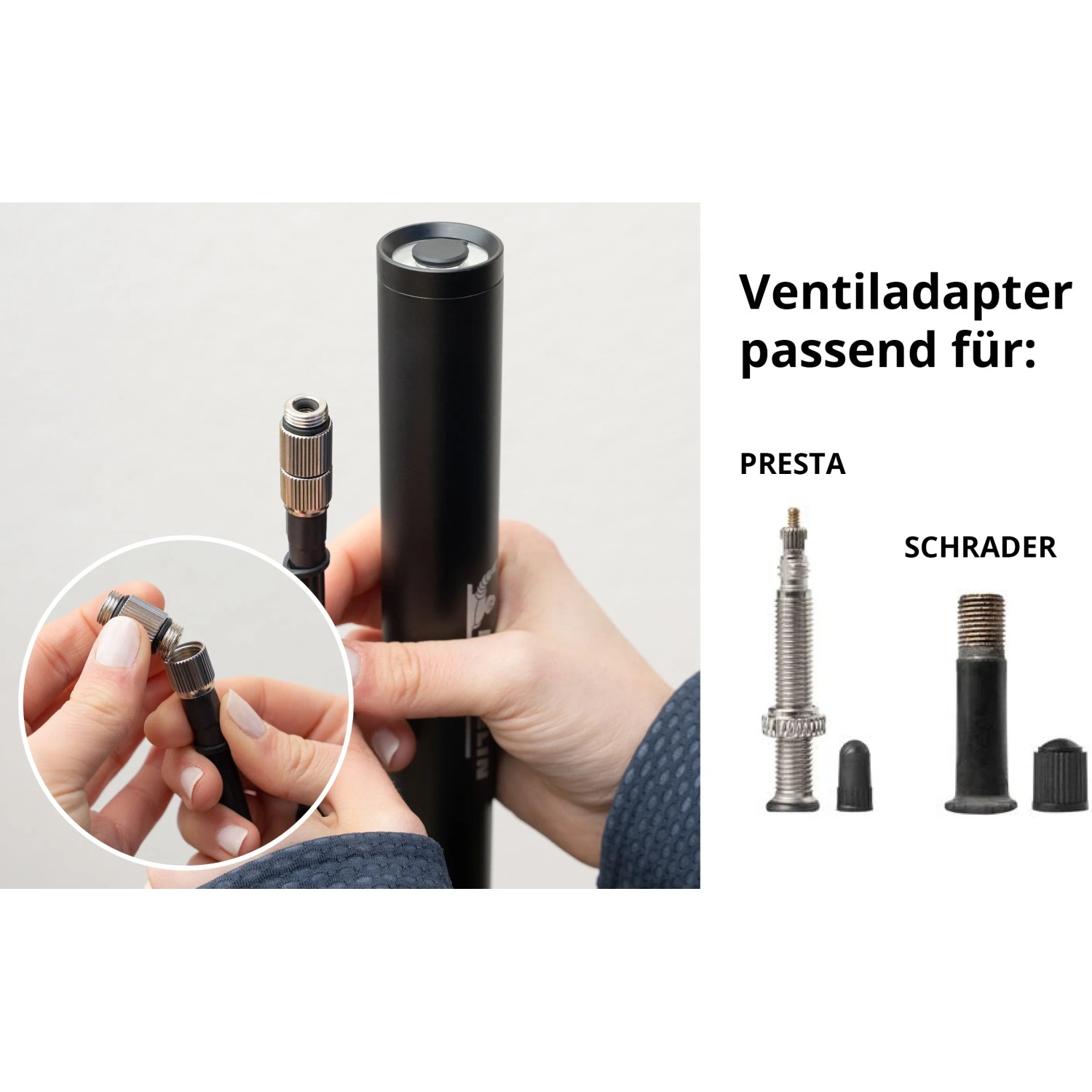 Michelin Akku-Luftpumpe mit Ventiladaptern für Presta- und Schrader-Ventile.