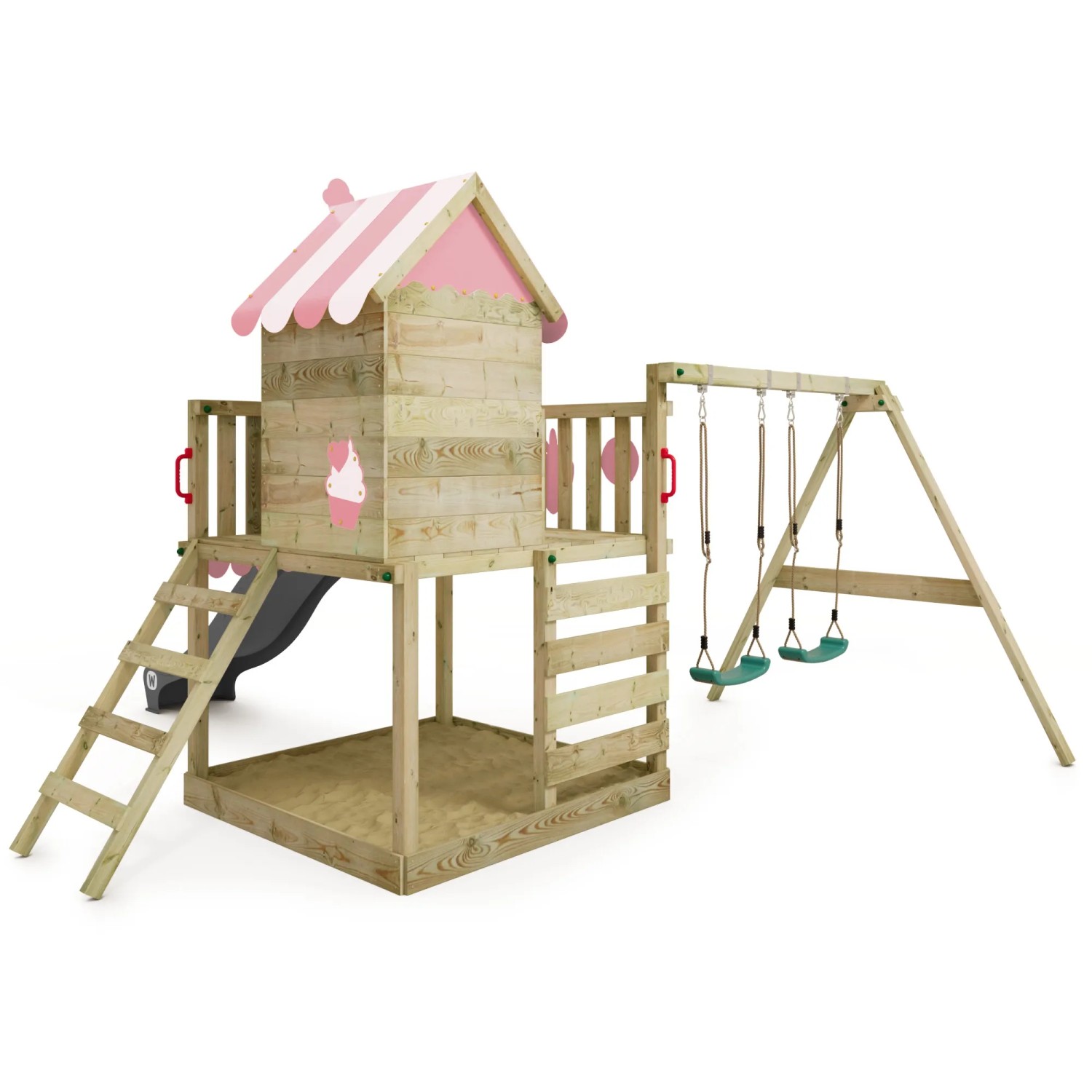 Wickey Spielturm Smart Candy mit Rutsche, Schaukel und Kletterwand aus Holz.