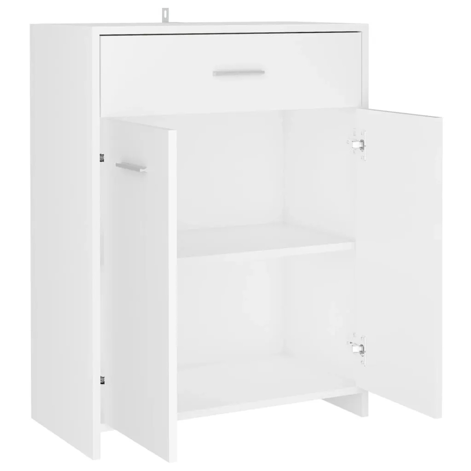 Weißer vidaXL Badezimmerschrank (60x33x80 cm) mit Schublade und offenen Türen.