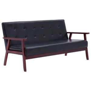 Schwarzes 3-Sitzer Ledersofa im Retro-Design mit Holzrahmen und Knopfleiste.